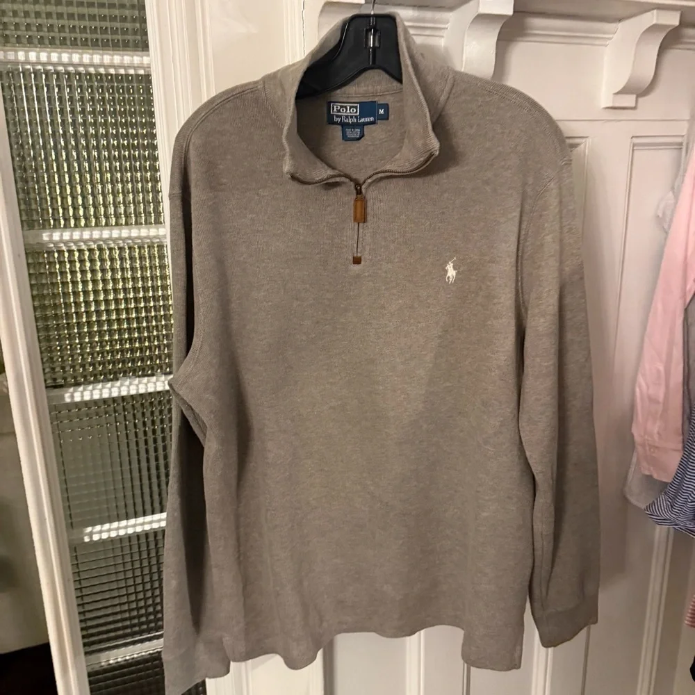 Polo Ralph Lauren Sweater Men's Sz M Taupe 1/4 Zip Mock Neck Cotton Pullover EUC